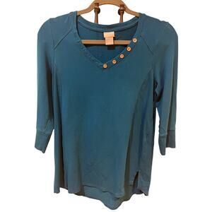 Chico’s Zenergy Teal Button Detail Ribbed V-Neck Trim Knit Tunic Top Size 0 (4/6